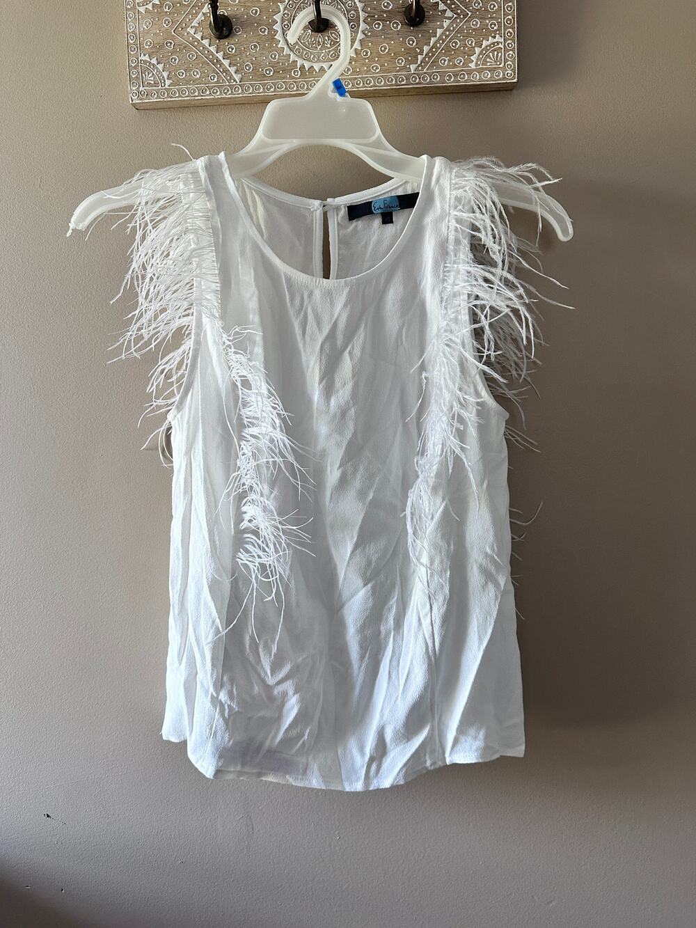 Eva Franco White Sleeveless Feather Top Blouse